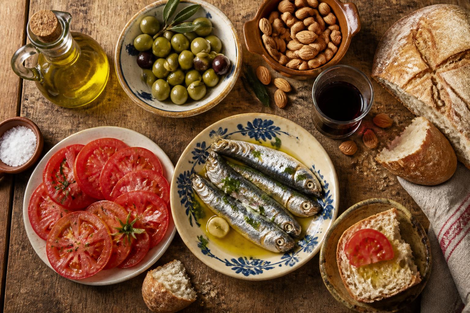 Mesa mediterránea con aceite, tomate, pan y sardinas